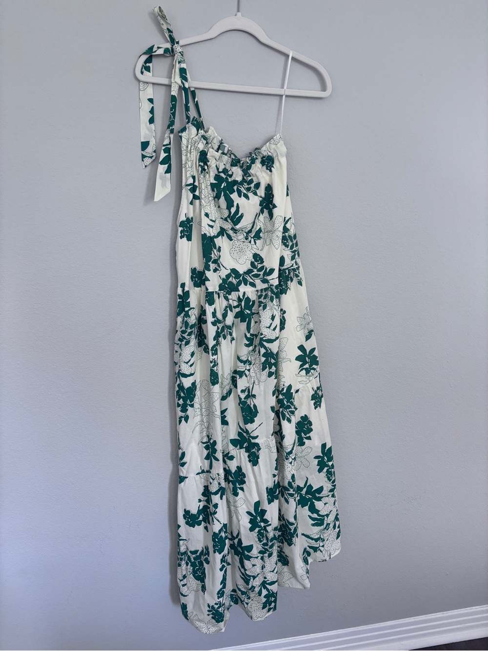 fab'rik White One-Shoulder Floral Maxi Dress with Green Print